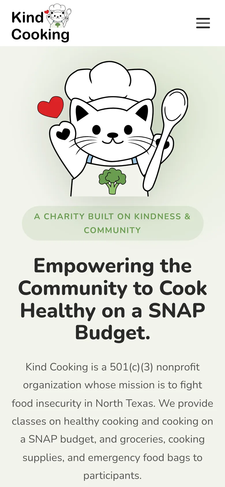 The same homepage on a phone: the chef-cat mark sits above the headline, and the navigation has collapsed to a menu button.