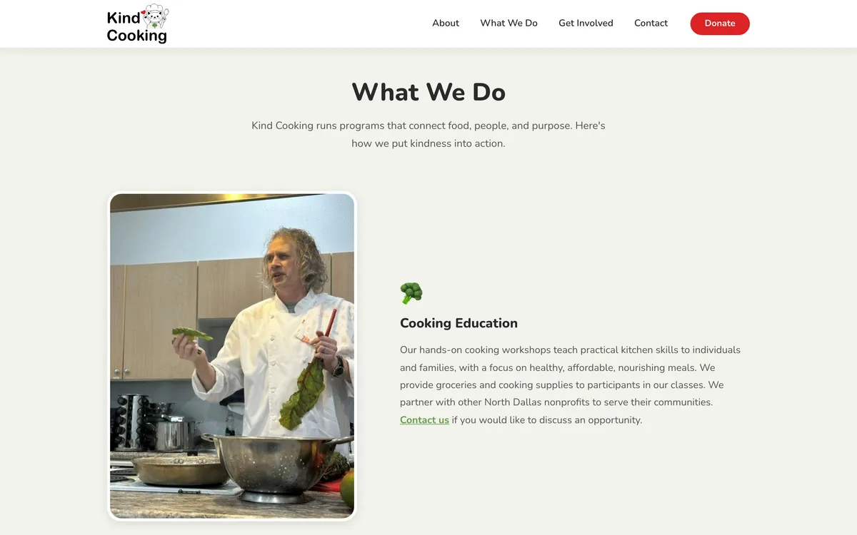 The 'What We Do' section of the site, pairing a photograph of a chef in a teaching kitchen with a short description of the Cooking Education program.