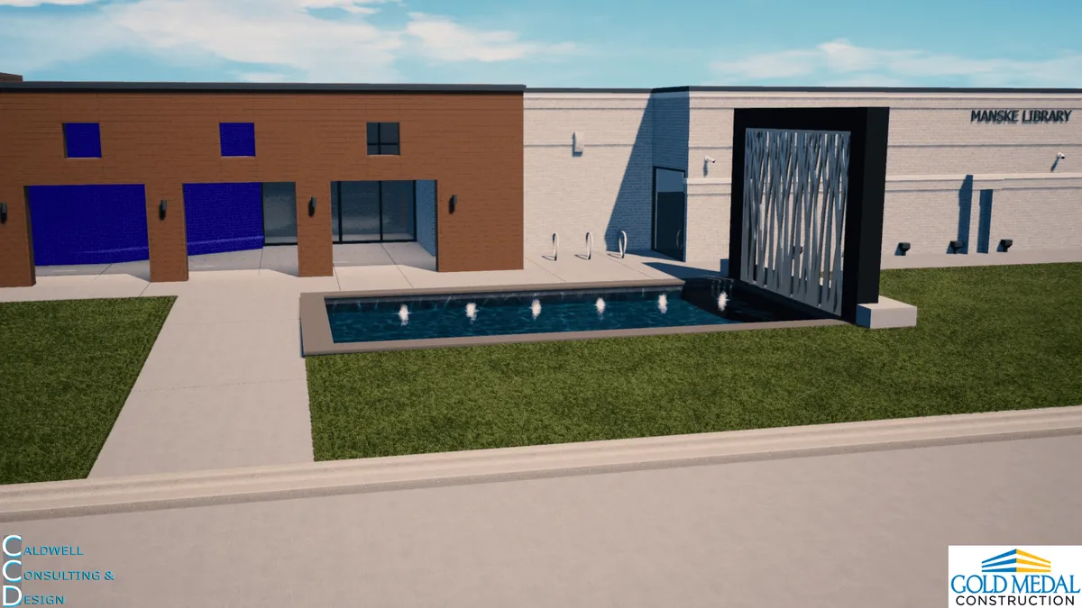 A visualization of the single-pond configuration seen straight on, with one long reflecting pond running along the front of the building toward the sculpture wall.