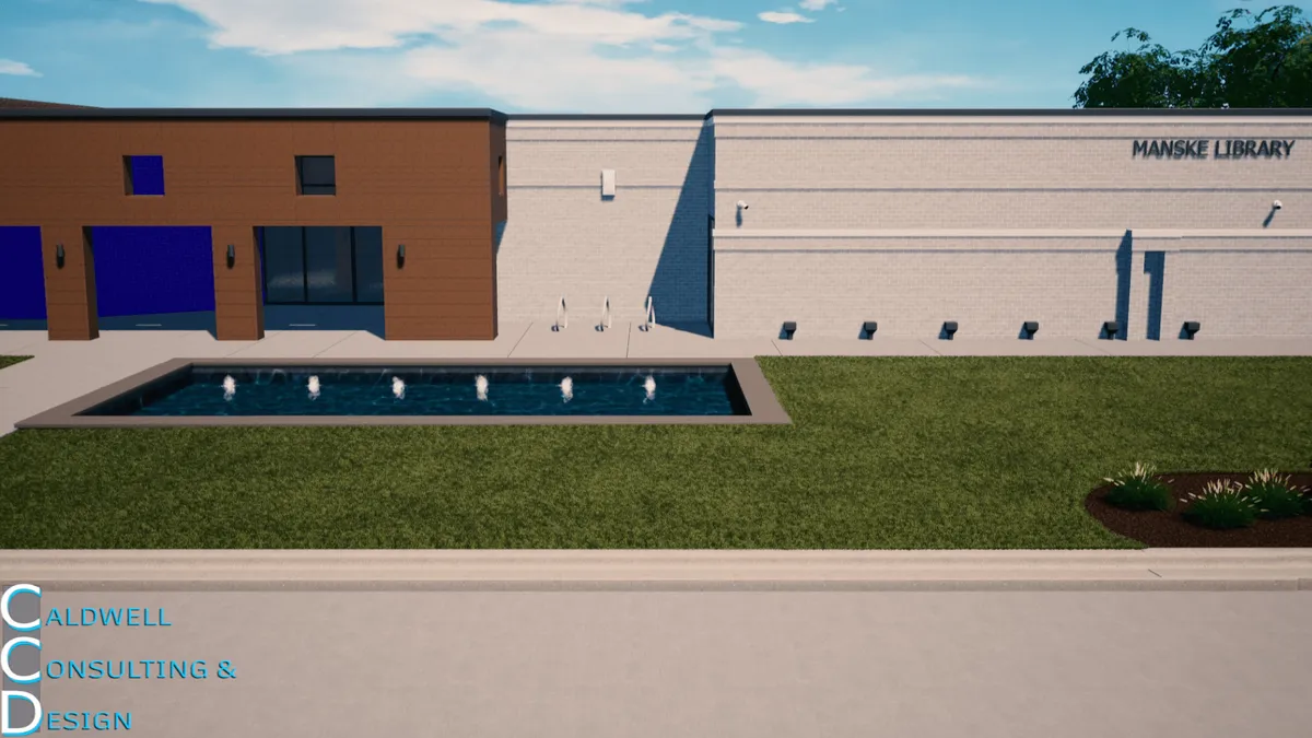 A visualization of the same view with a rectangular reflecting pond and a row of small vertical water jets set into the lawn in front of the building.