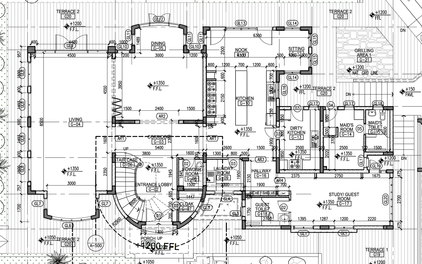 A detailed metric architectural floor plan showing room layouts, grid references, level markers and dimension strings.