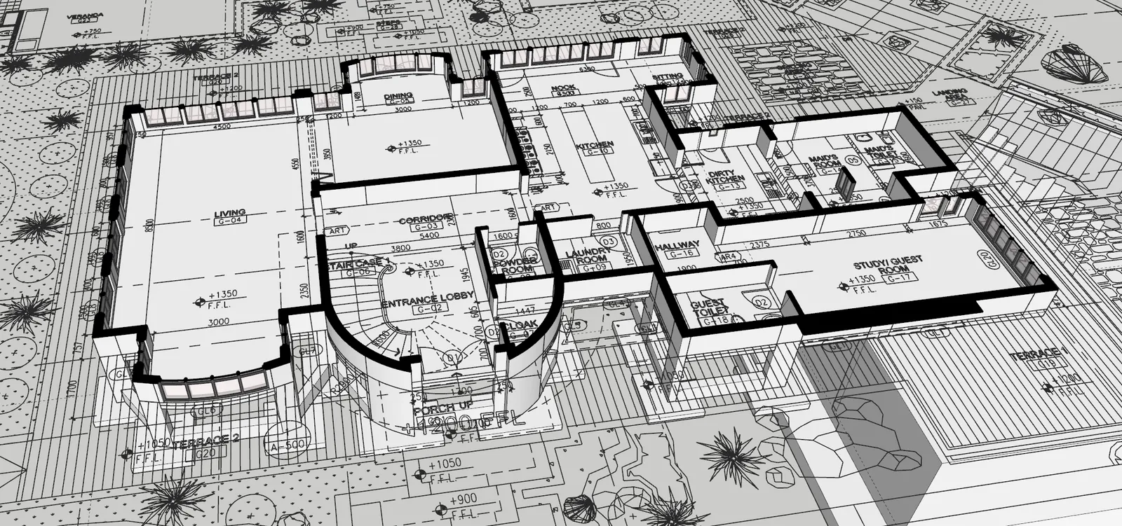 A monochrome axonometric 3D model of a house rising out of its own floor plan, with walls, openings and roof structure built up over the drawing that generated them.