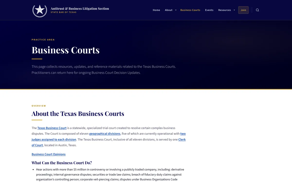 The Business Courts reference page: a navy page header above a white body of explanatory text about the Texas Business Court, set in a serif and sans-serif pairing.