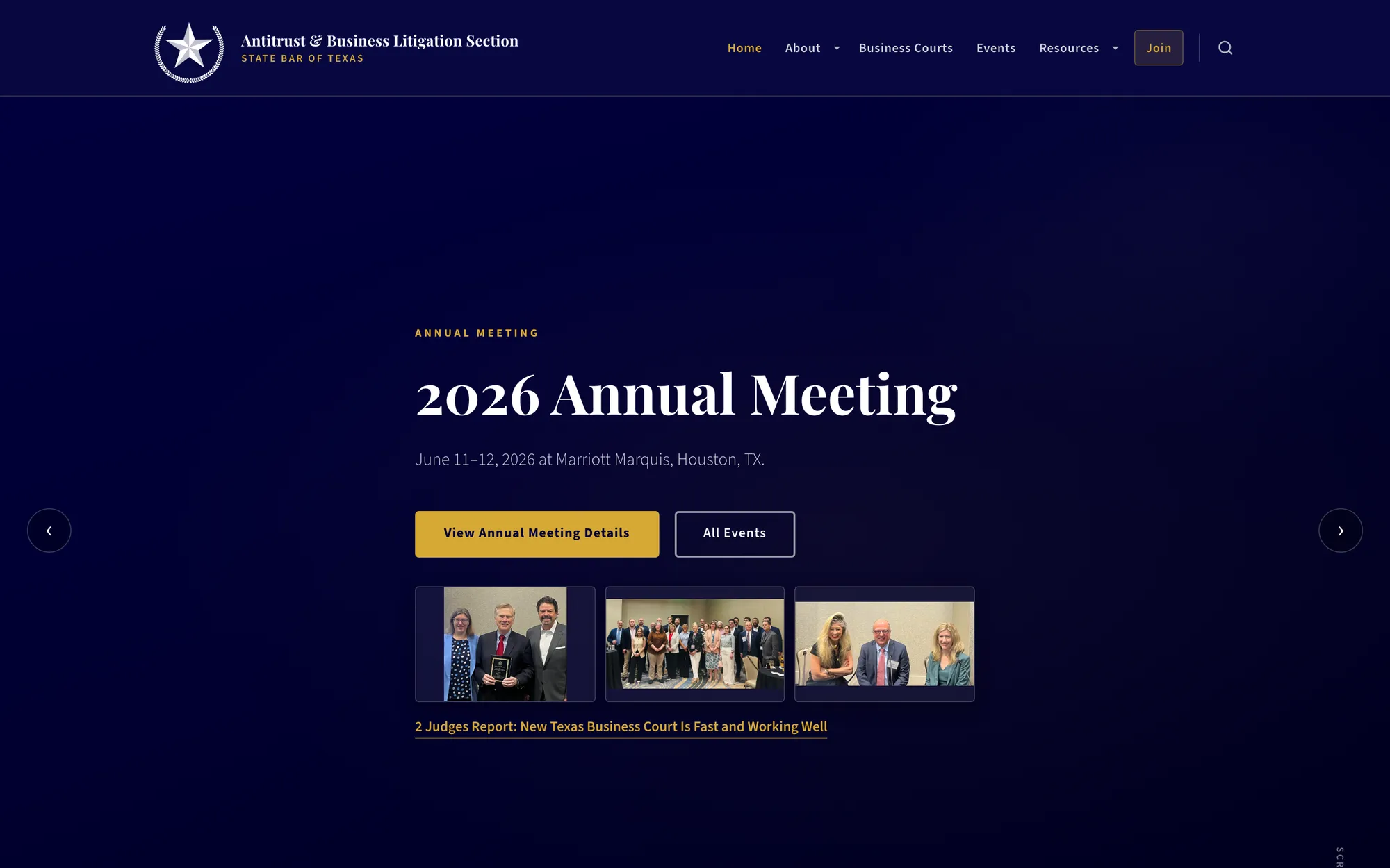 The Texas Business Litigation homepage: a deep navy hero announcing the 2026 Annual Meeting, with a gold call-to-action button, a circular star seal in the header, and photographs from a previous meeting below.