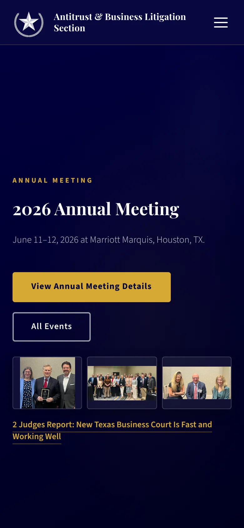 The same homepage on a phone, with the seal and section name in the header and the annual meeting announcement stacked below.