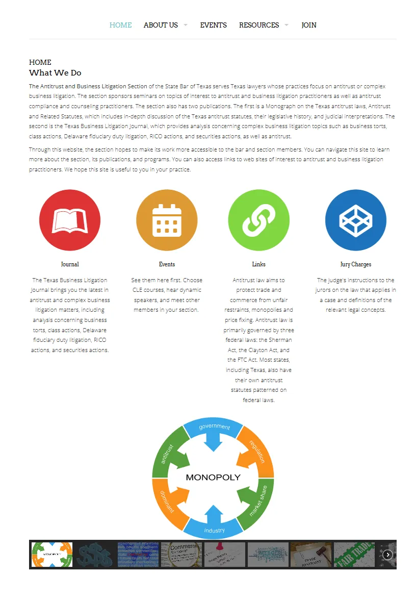 The same section’s website before the redesign: a narrow centered page with a serif navigation bar, small blue body text running the full width, a row of four flat colored circles labeled Journal, Events, Links and Jury Charges, a clip-art monopoly diagram, and a strip of thumbnail images at the bottom.